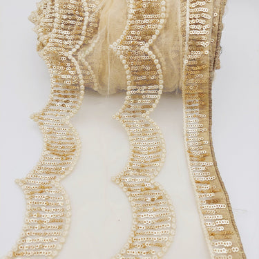 Beige Net Scallop Lace Trim with Gold Sequins, Sari Border, Embroidered Trim